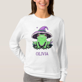 紫の魔女の帽子をかぶった緑のカエル Tシャツ