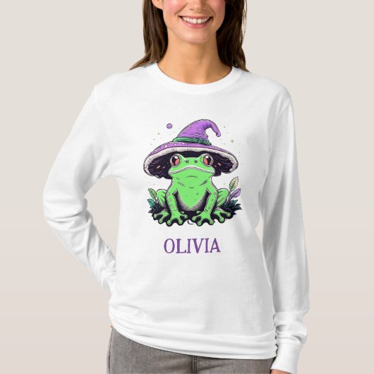 紫の魔女の帽子をかぶった緑のカエル Tシャツ (正面)