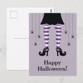 紫の魔女の足と蜘蛛のハッピーハロウィン テキスト ポストカード (正面/裏面)