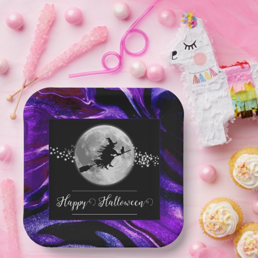 紫の魔女シルエットハロウィーン ペーパープレート (パーティー)