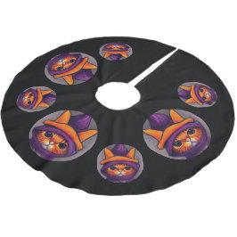 紫の魔女ハットハロウィンブラックのオレンジ猫 ブラッシュドポリエステルツリースカート