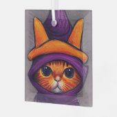 紫の魔女ハットハロウィーンのオレンジ猫 ガラスオーナメント (正面左)