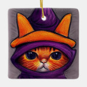 紫の魔女ハットハロウィーンのオレンジ猫 セラミックオーナメント (正面)