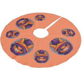 紫の魔女ハットハロウィーンのオレンジ猫 ブラッシュドポリエステルツリースカート