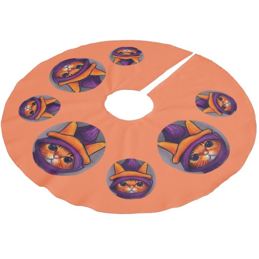 紫の魔女ハットハロウィーンのオレンジ猫 ブラッシュドポリエステルツリースカート (アングル)