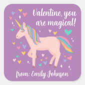 紫の魔法のユニコーン子供たちの教室バレンタイン スクエアシール (正面)