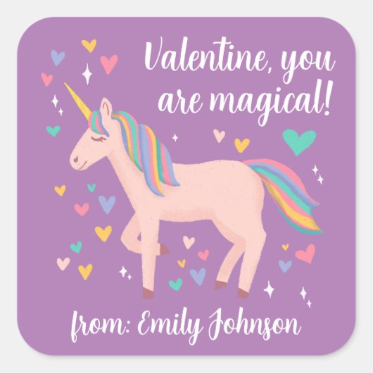 紫の魔法のユニコーン子供たちの教室バレンタイン スクエアシール (正面)