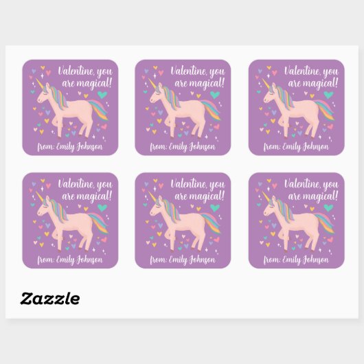 紫の魔法のユニコーン子供たちの教室バレンタイン スクエアシール (シート)