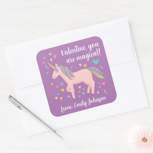 紫の魔法のユニコーン子供たちの教室バレンタイン スクエアシール (封筒)