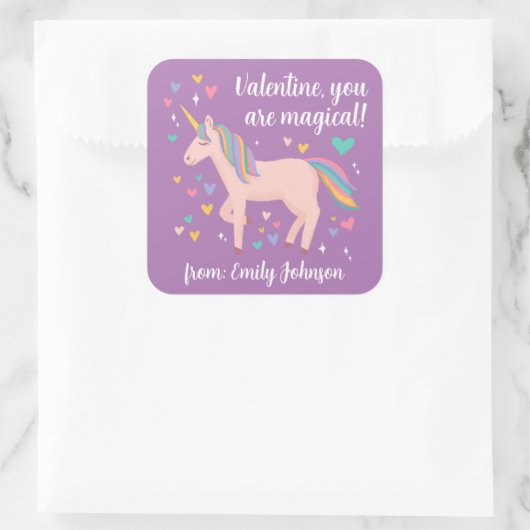 紫の魔法のユニコーン子供たちの教室バレンタイン スクエアシール (バッグ)