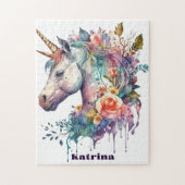 紫の魔法カラフルのフローラユニコーン水色 ジグソーパズル (縦)