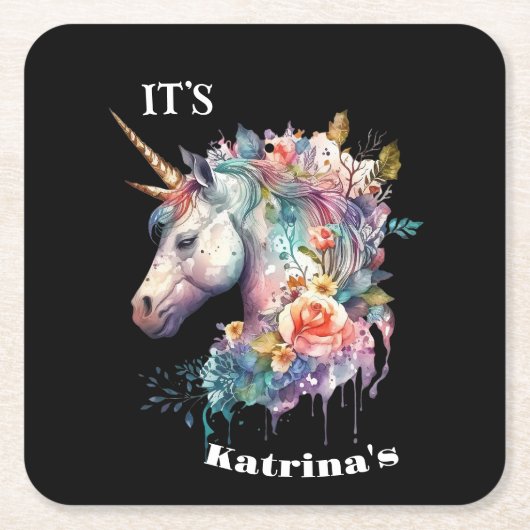 紫の魔法カラフルのフローラユニコーン水色 スクエアペーパーコースター (正面)