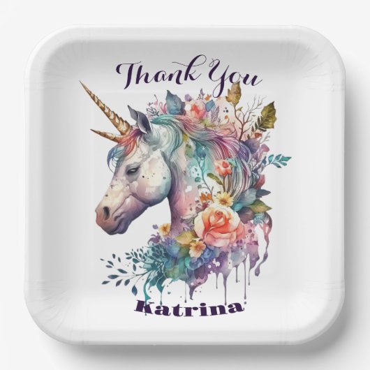 紫の魔法カラフルのフローラユニコーン水色 ペーパープレート (正面)