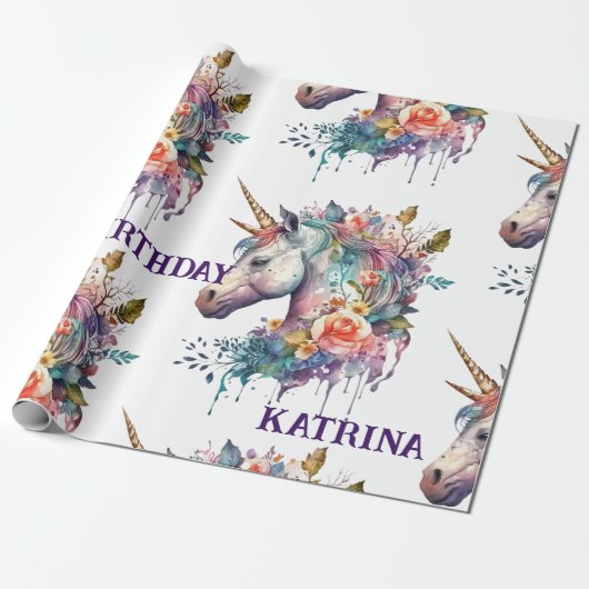 紫の魔法カラフルのフローラユニコーン水色 ラッピングペーパー (アンロールド)