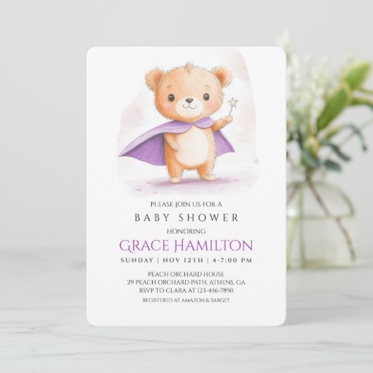 紫の魔法ベアベビーシャワー招待状のための女の子 招待状 (スタンド正面)