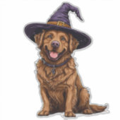 紫の魔法使いの帽子をかぶった愛らしい犬 シール (正面)