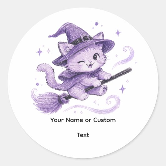 紫の魔法使い猫のハロウィン ラウンドシール (正面)