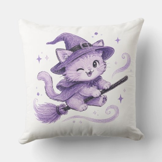 紫の魔法使い猫 ホウキに乗って ハロウィン クッション (裏面)