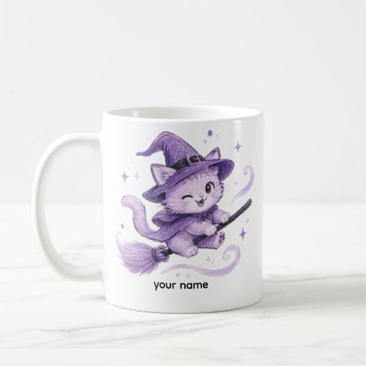 紫の魔法使い猫 ホウキに乗って ハロウィン コーヒーマグカップ (左)