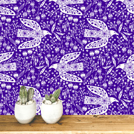 紫の鳥アートに白いハトと花 壁紙