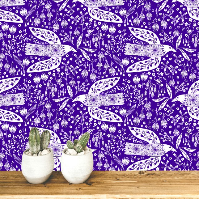 紫の鳥アートに白いハトと花 壁紙 (Doves and Flowers pretty folk art style bird and botanical floral pattern peel and stick wallpaper)