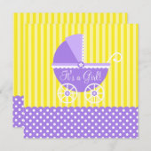 紫の黄色いキャリッジドットガールベビーシャワー 招待状 (正面/裏面)