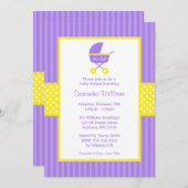 紫の黄色のキャリッジドストライプのットベビーシャワー 招待状 (正面/裏面)
