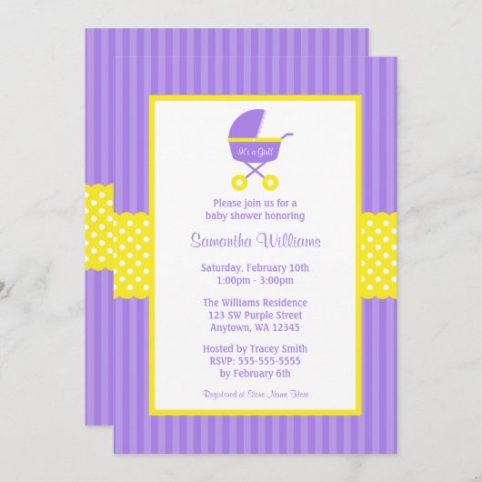 紫の黄色のキャリッジドストライプのットベビーシャワー 招待状 (正面/裏面)
