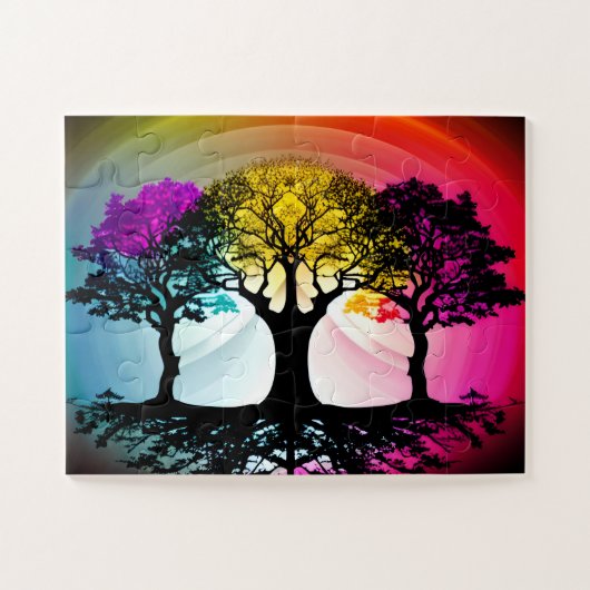 紫の黄色のピンクの空と黒いツリーのシルエット ジグソーパズル (横)