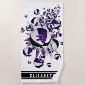 紫の黒いバスケットが女の子をモノグラムの主演 ビーチタオル (正面)