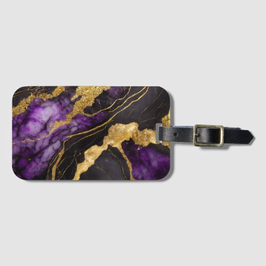 紫の黒い大理石のパターンと金ゴールド ラゲッジタグ (正面横)