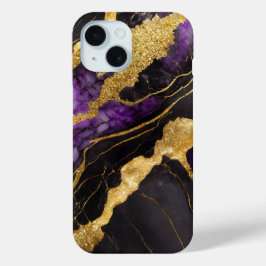 紫の黒い大理石のパターンと金ゴールド iPhone 15ケース