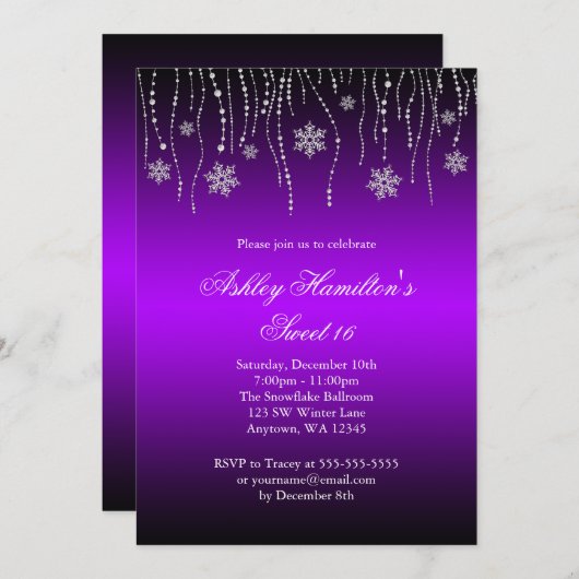 紫の黒い雪片スイート16ウィンターワンダーランド 招待状 (正面/裏面)