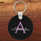 紫の黒のスクリプトガーリーモノグラム名 キーホルダー (正面)