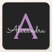 紫の黒のスクリプトガーリーモノグラム名 スクエアペーパーコースター (正面)