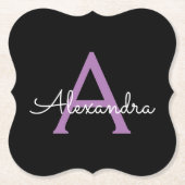 紫の黒のスクリプトガーリーモノグラム名 ペーパーコースター (正面)