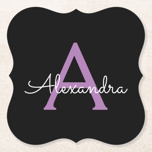 紫の黒のスクリプトガーリーモノグラム名 ペーパーコースター (正面)