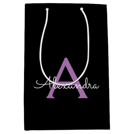 紫の黒のスクリプトガーリーモノグラム名 ミディアムペーパーバッグ (正面)