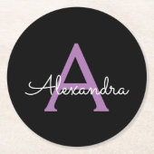 紫の黒のスクリプトガーリーモノグラム名 ラウンドペーパーコースター (正面)