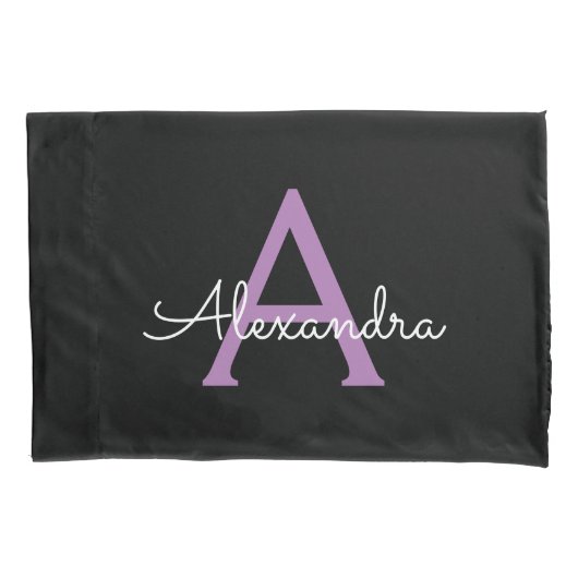 紫の黒のスクリプトガーリーモノグラム名 枕カバー (正面)
