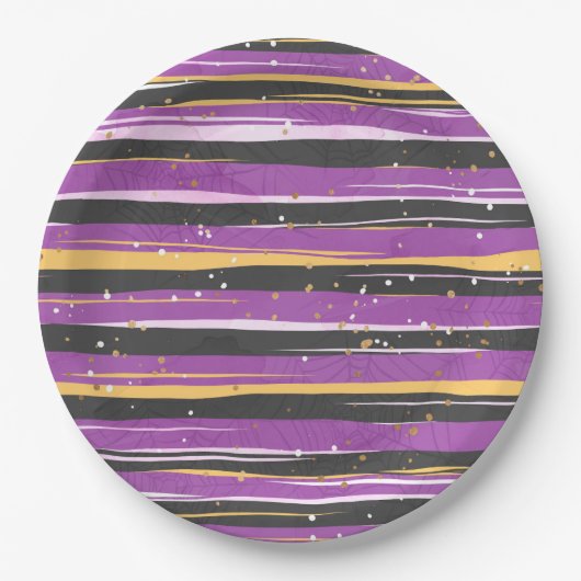 紫の黒オレンジのハロウィンのストライプ ペーパープレート (正面)
