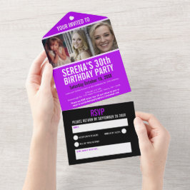 紫の黒3枚の写真30th Birthdayパーティー オールインワン招待状