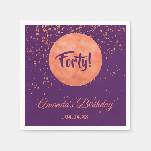 紫の40歳の誕生日バラ金ゴールド紙吹雪 スタンダードカクテルナプキン (正面)