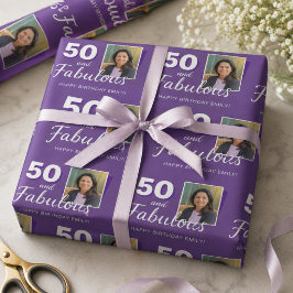 紫の50歳とファビュラスな50歳の誕生日写真 ラッピングペーパー