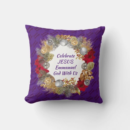 紫のJESUSクリスマスリースを祝おう クッション (正面)