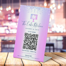 紫のQRコードでお支払いはこちら ケーキ バーコードペイメント グリッター ドリップ 台座サイン
