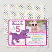 紫のT-Rex恐竜ポルカドット誕生日 招待状 (正面/裏面)