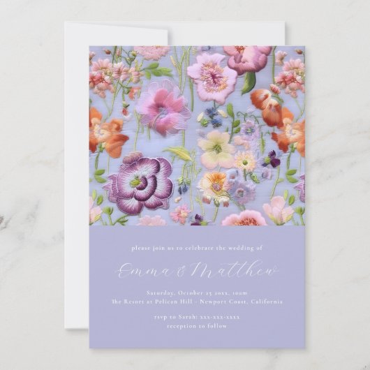 紫はっきりしたとオレンジの植物刺結婚繍 招待状 (正面)