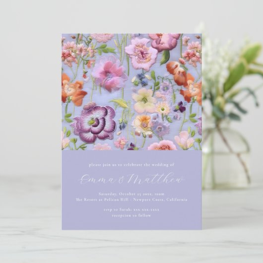 紫はっきりしたとオレンジの植物刺結婚繍 招待状 (スタンド正面)