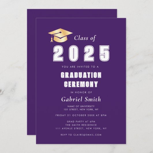 紫はっきりしたの卒業式 招待状 (正面/裏面)